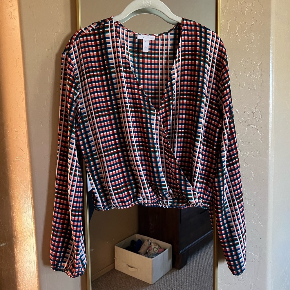 Leith Long-sleeve Cropped Multicolor Rainbow Plaid Blouse Size M
